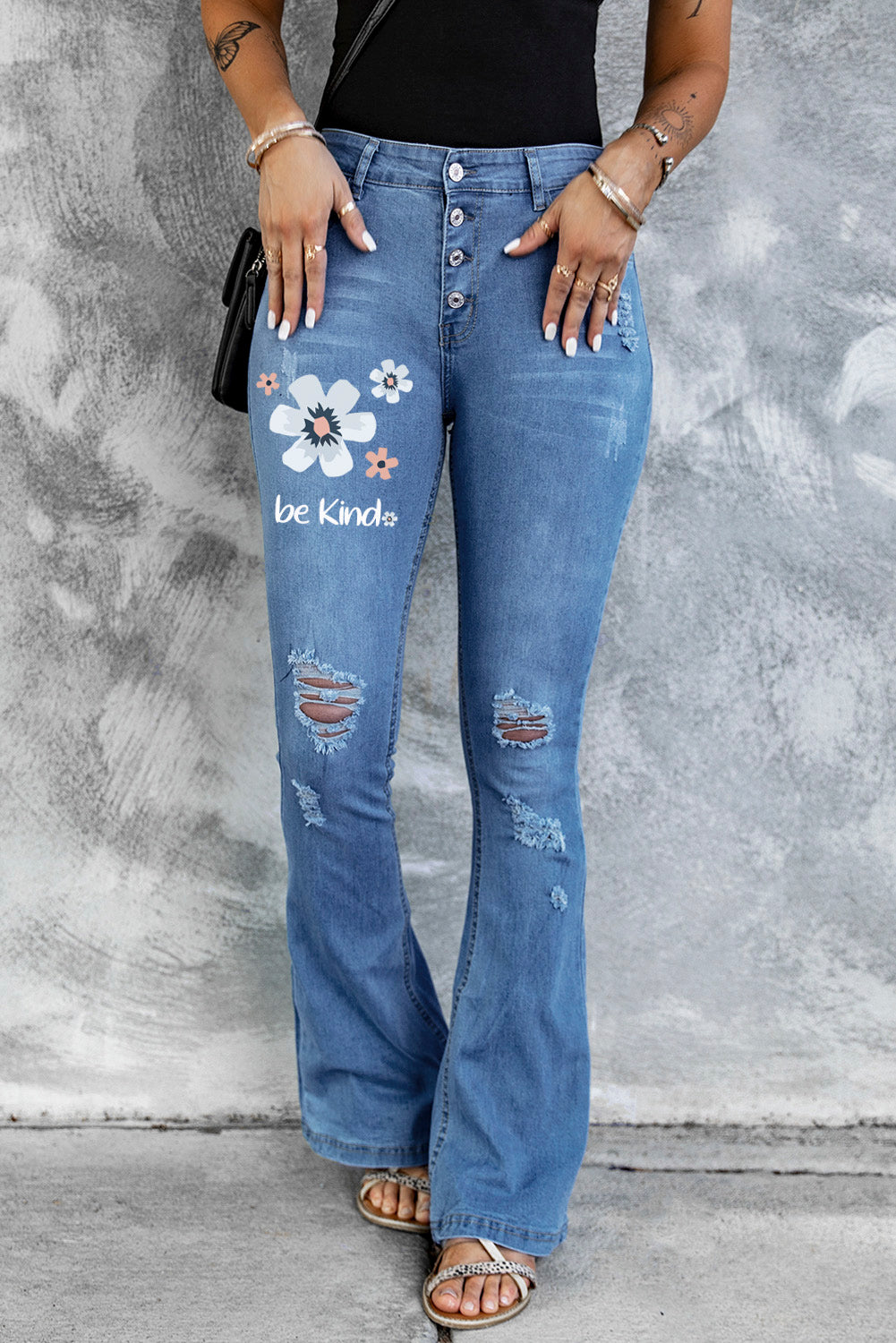 Dark Blue Mid Rise Button Front Flare Denim