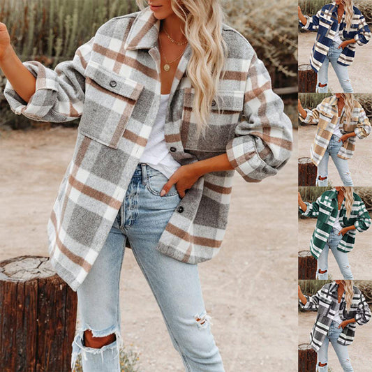 Women's Long Sleeve Lapel Loose Plaid Thickened Wool Jacket