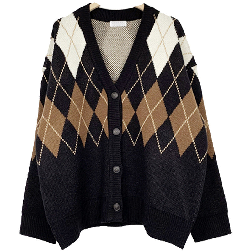 Korean College Style Diamond Plaid Sweater Coat