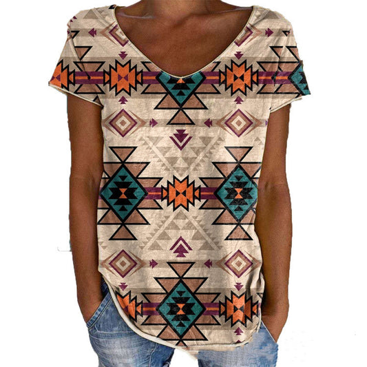 V-neck Geometric Ethnic Print Short Sleeves