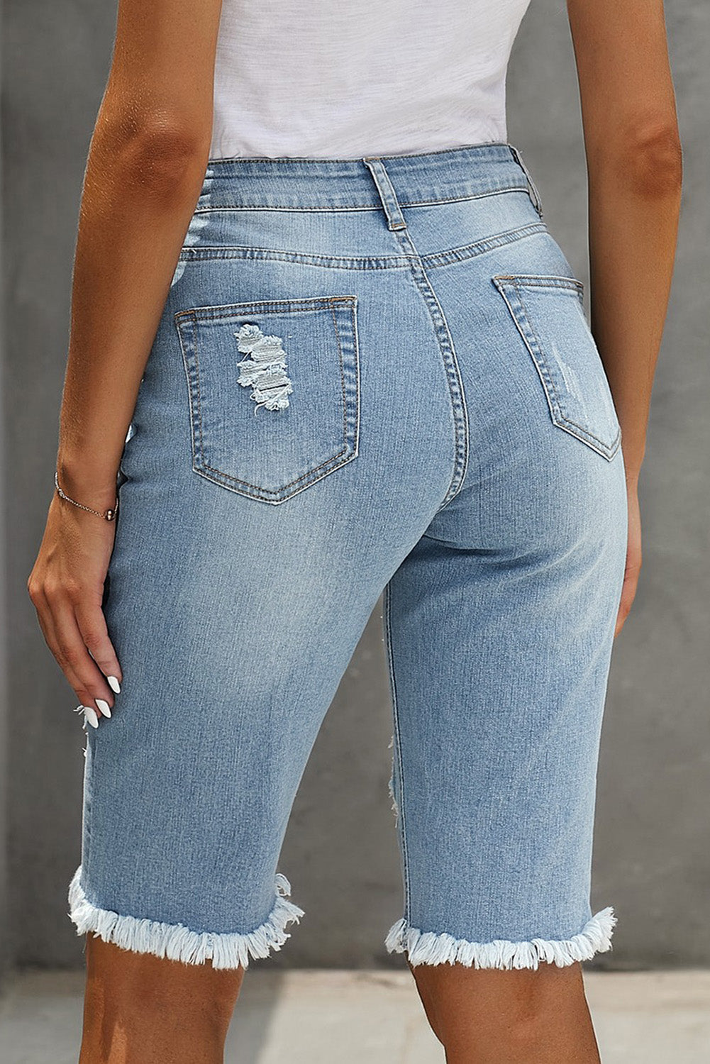 Mid-rise Ripped Camo Patches Denim Bermuda Shorts