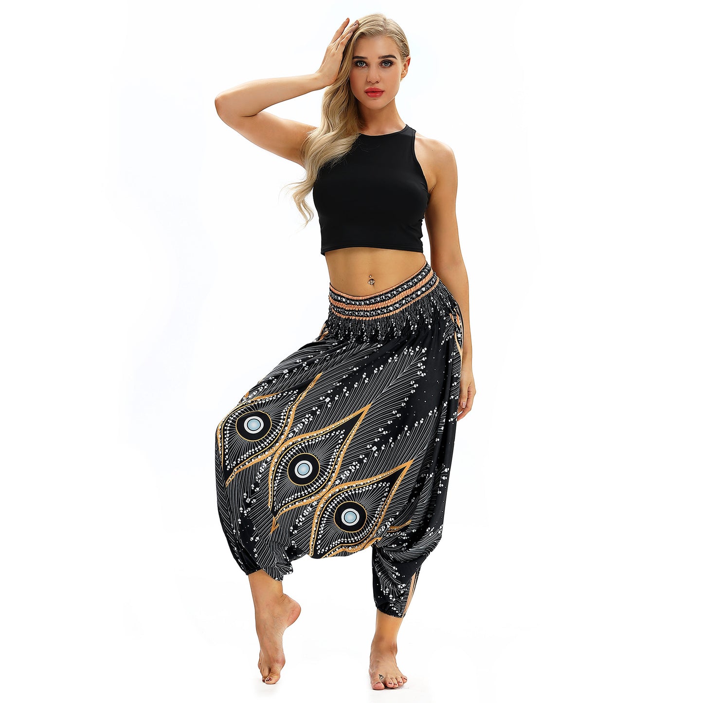 Peacock Feather Ethnic Dance Loose Crotch Ankle Banded Slacks