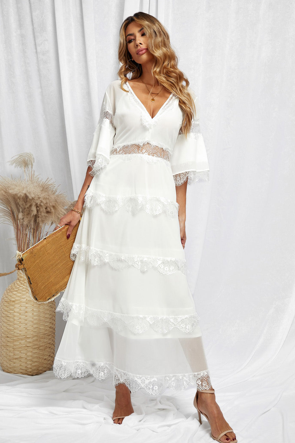 Swiss Dot Print See-through Lace Patch Layered Long Dress