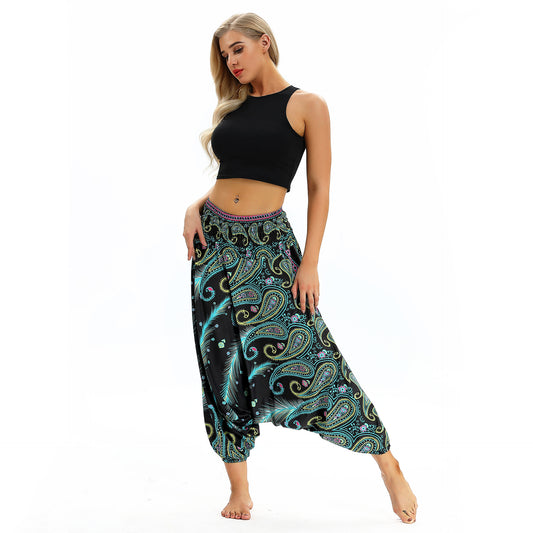 Peacock Feather Ethnic Dance Loose Crotch Ankle Banded Slacks