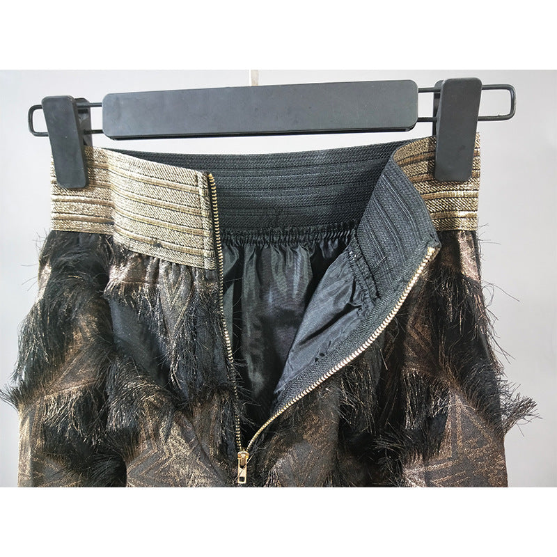 Gold Thread Elastic Waist Long Feather Skirt Skirt