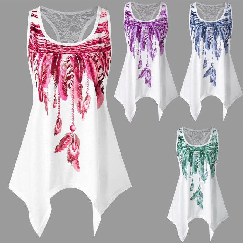 Feather Print Lace T-Shirt Summer Crew Neck Sleeveless Top