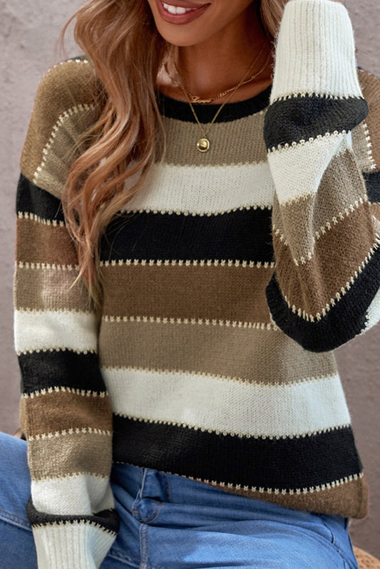 Drop-Shoulder Sleeve Striped Patchwork Pullover Sweater