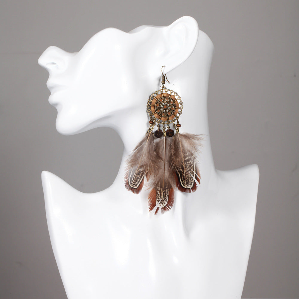 Feather Earrings Round Cutout Rope Blade Pendant Brown Feather Earrings