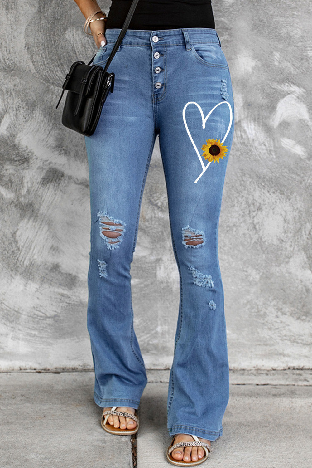Dark Blue Mid Rise Button Front Flare Denim