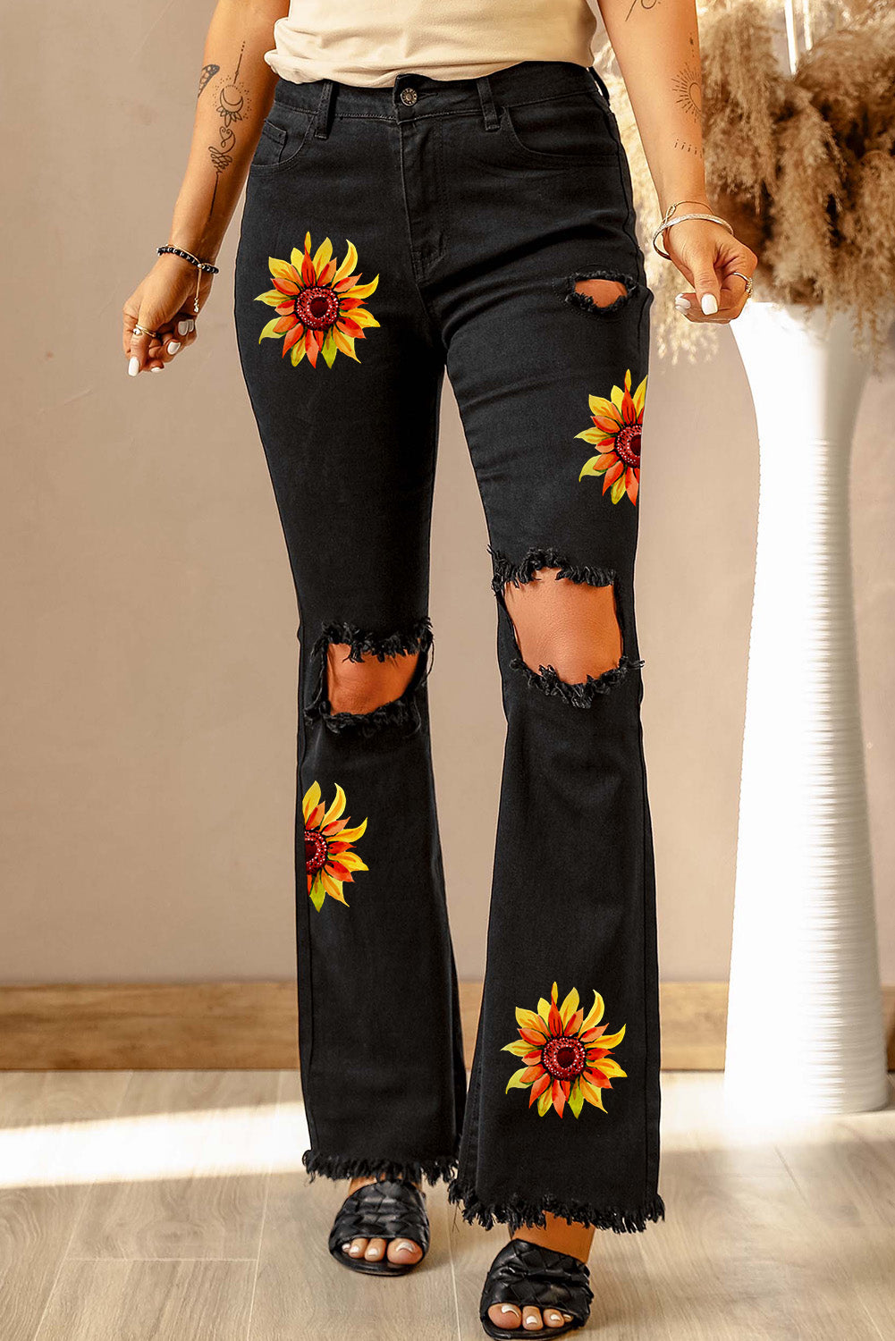 High Waist Ripped Bell Bottom Jeans