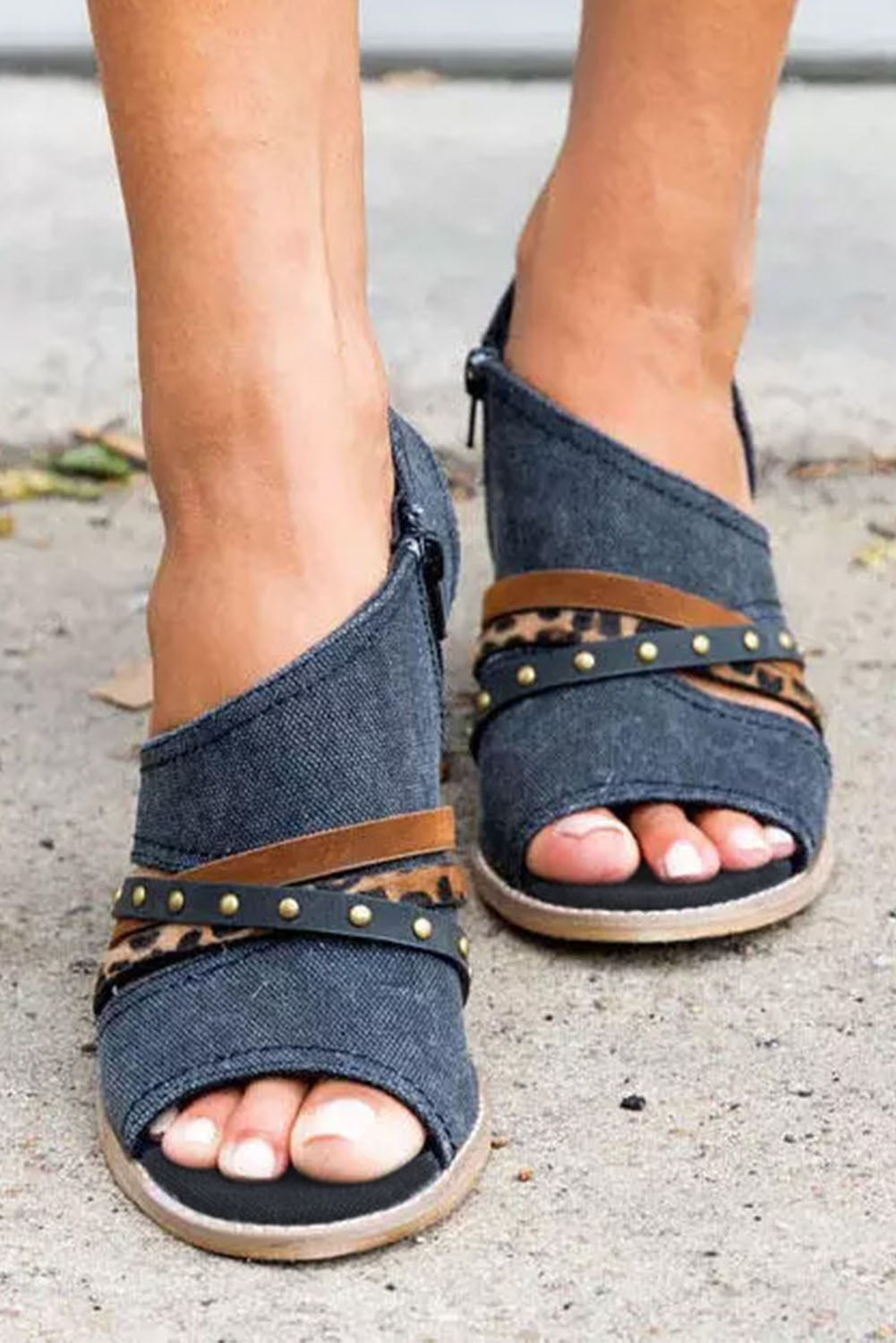 Wedged Rivet Patchwork Peep Toe Denim Sandals