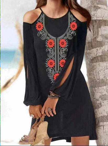 Cutout Off Shoulder Long Sleeve Resort Boho Dress