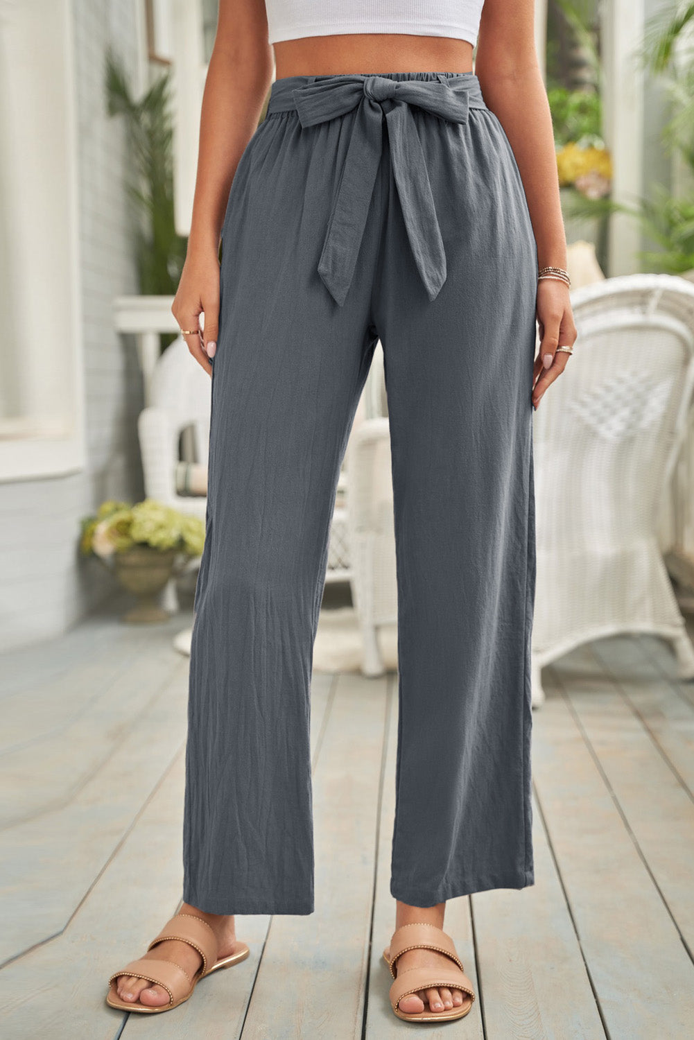 Elastic Waist Drawstring Wide Leg Pants