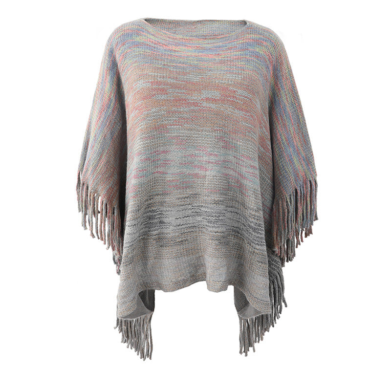 Shawl Cloak Sweater Striped Fringed Hem Coat