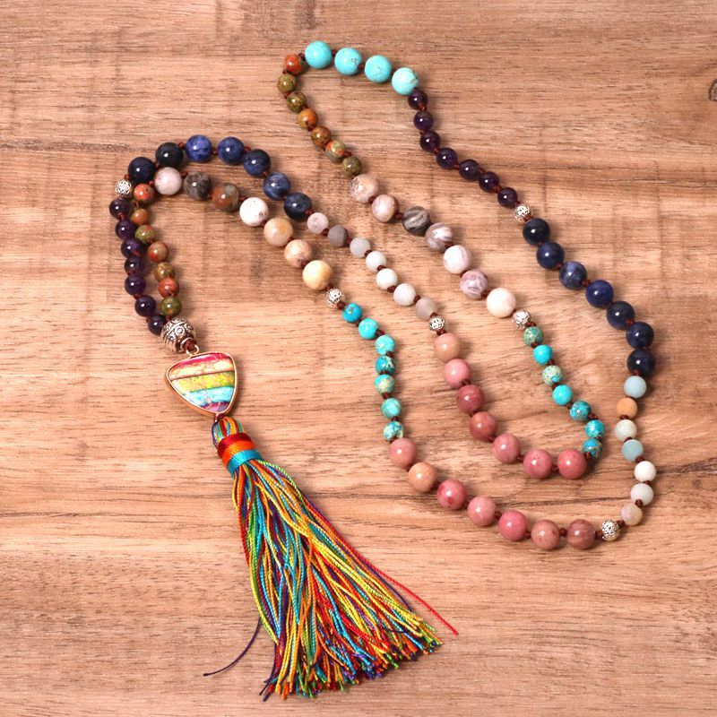 Women's Boho Colorful Stone Pendant Tassel Necklace
