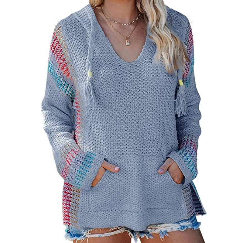 Striped Color Matching Hooded Long Sleeve Pullover Loose Sweater