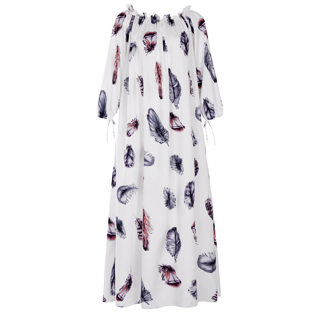Fashion Feather Print One-Shoulder Swing Dress