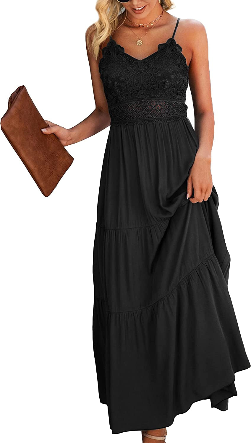 Women'S Beach Crochet Lace Maxi Dress Solid Color Summer Vacation Spaghetti Strap Long Dress 2023