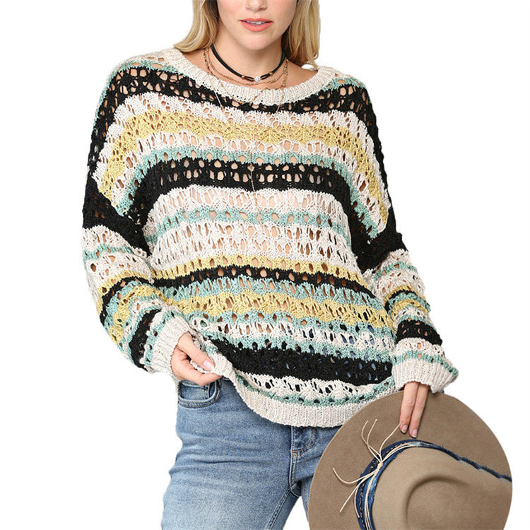 Hollow Knitted Sweater Color Stripe Stitching Round Neck Sweater Women