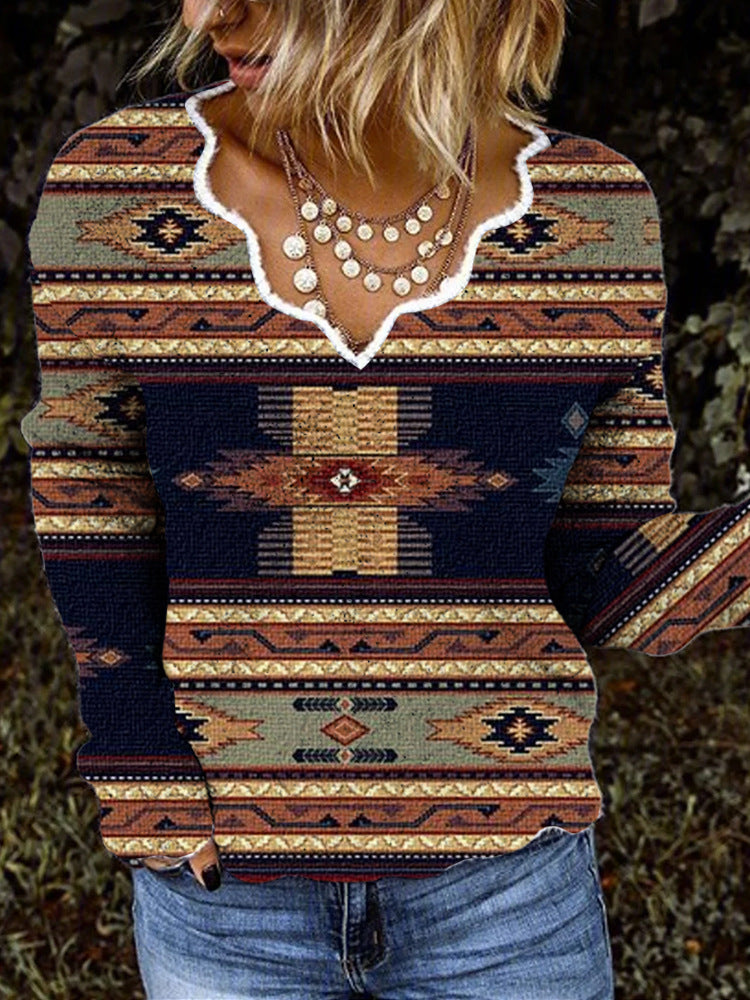 Women's Fashion Embroidered V-neck Printed Loose Long Sleeve Sweater