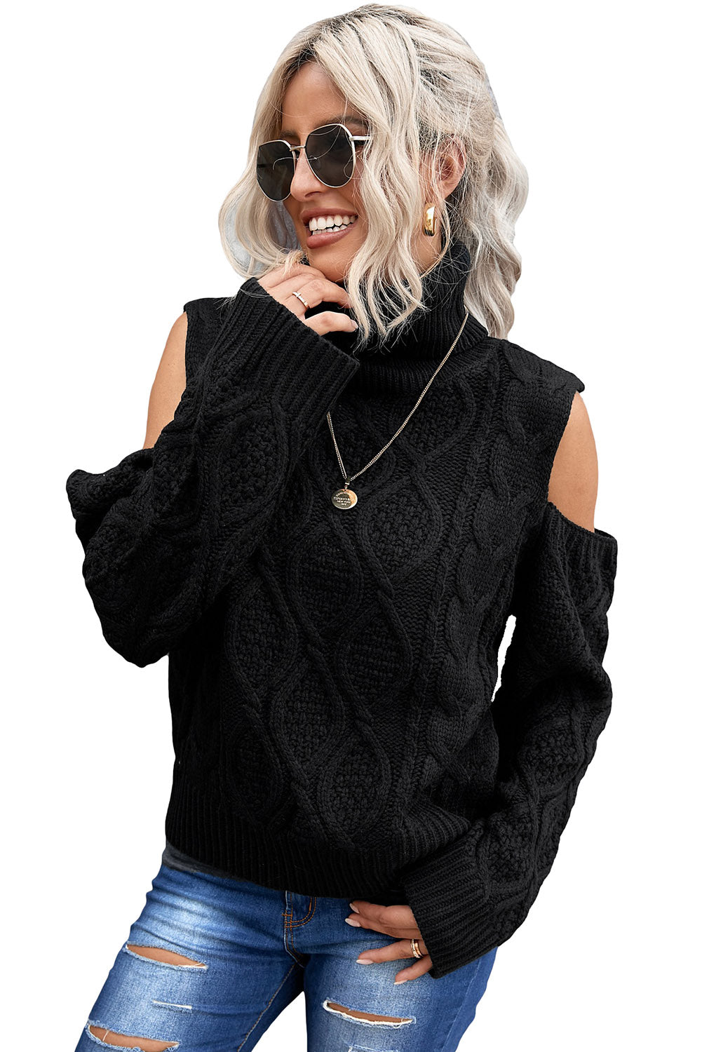 Turtleneck Cold Shoulder Textured Sweater