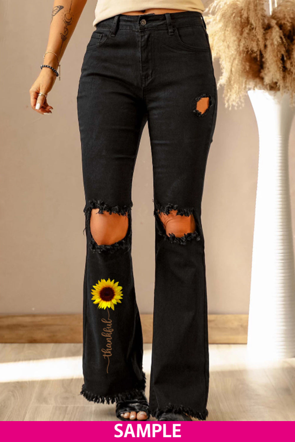 High Waist Ripped Bell Bottom Jeans