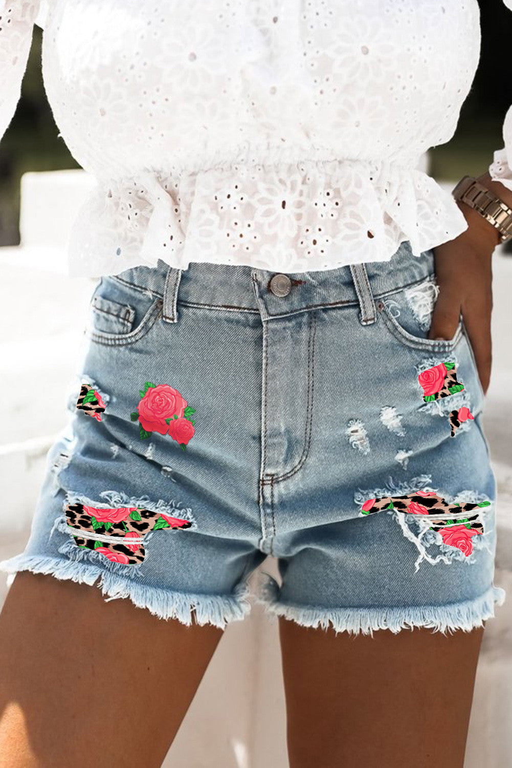 Casual Ripped Raw Hem Denim Shorts