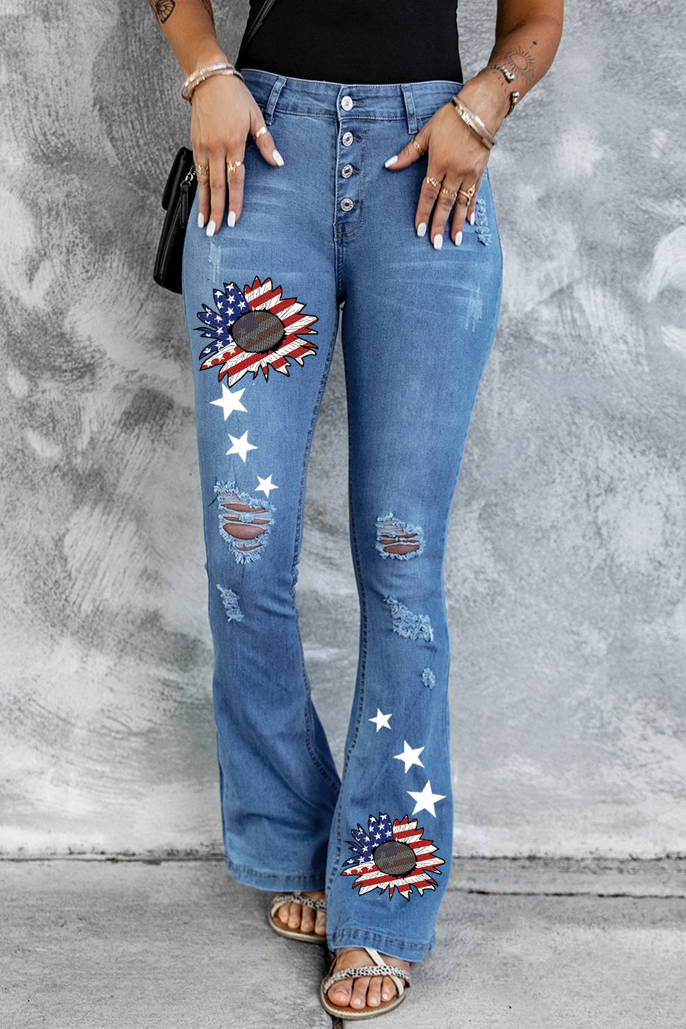 Dark Blue Mid Rise Button Front Flare Denim