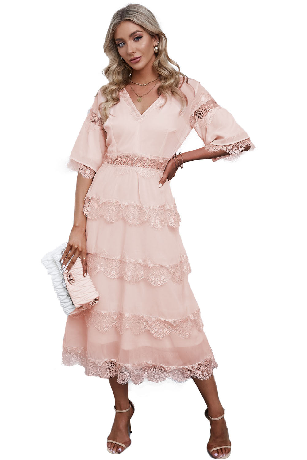 Swiss Dot Print See-through Lace Patch Layered Long Dress