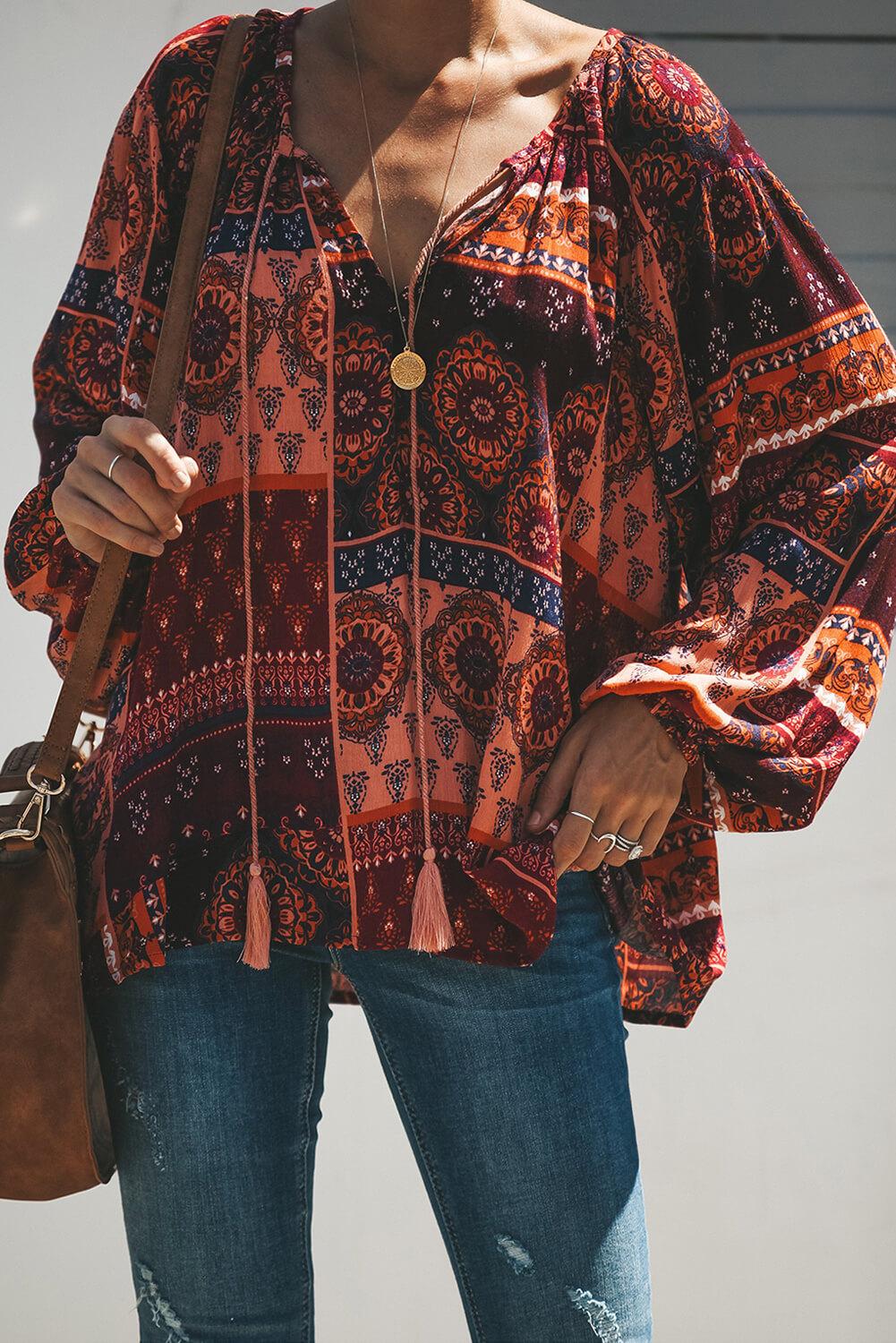 Multicolor Floral Print Peasant Blouse