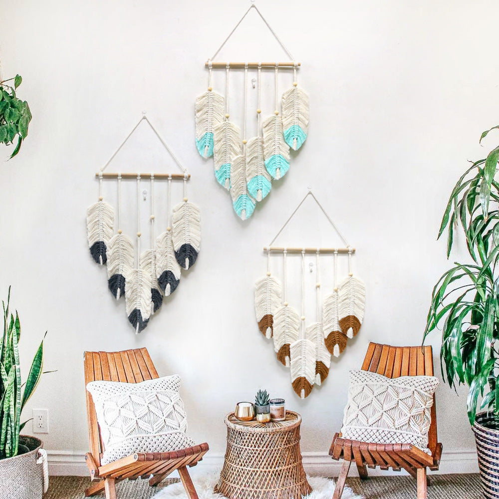 New Home Background Decorative Cotton Rope Hand Woven Feather Tassel Tapestry