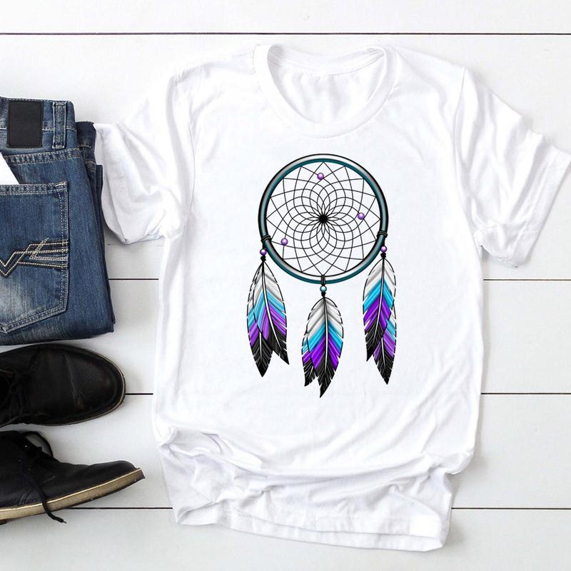 Women's Feather Printed Watercolor Short-sleeved T-shirt