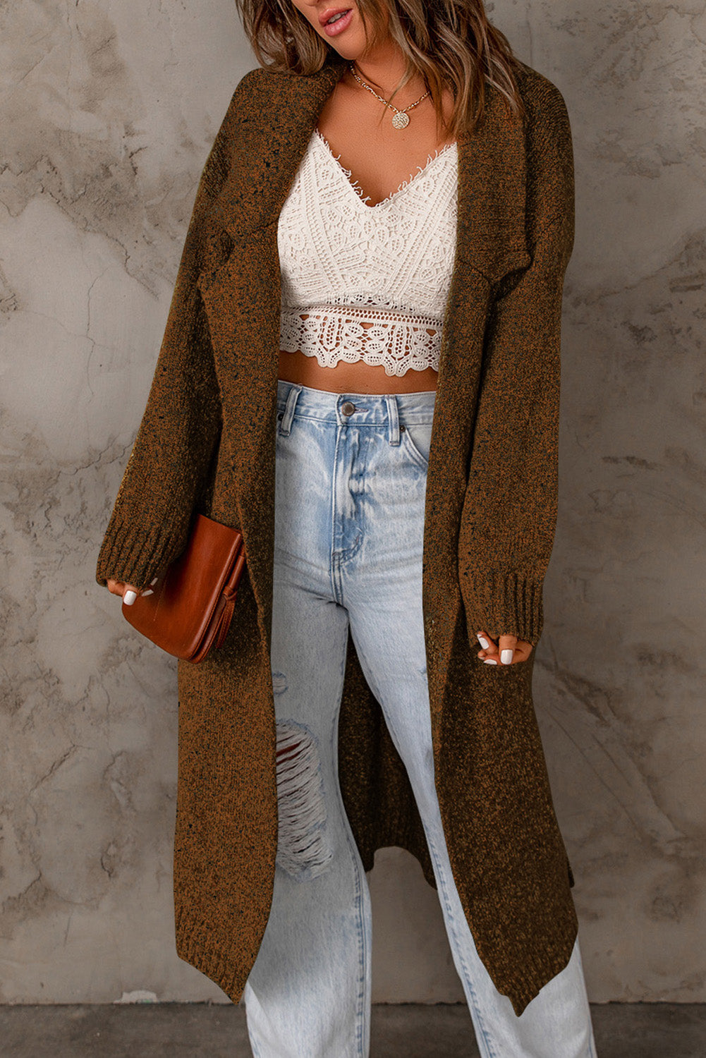 Shawl Collar Belted Knitted Long Sweater