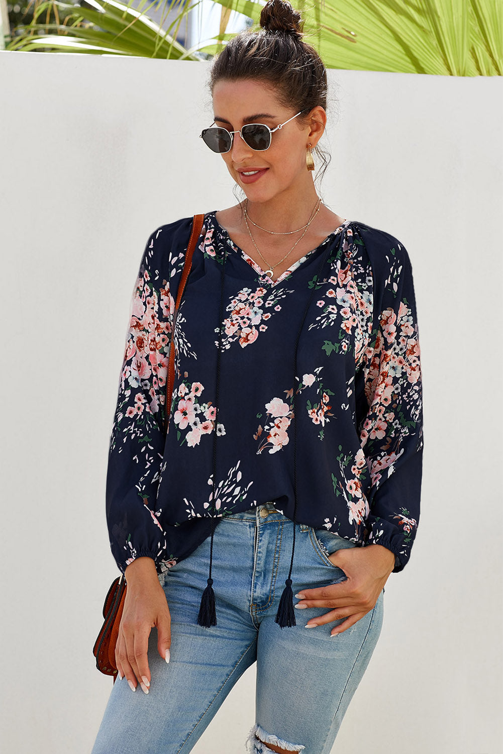 Multicolor Floral Print Peasant Blouse
