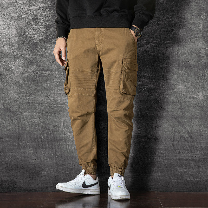 Men's washed solid color multi pocket sports and leisure cargo pants