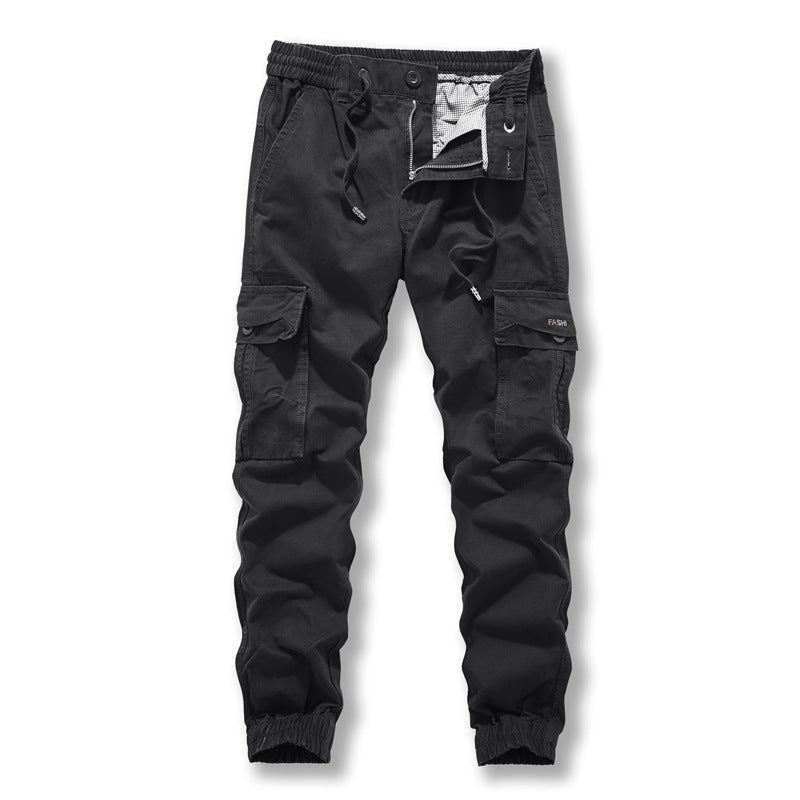 Casual pants: Men's new style overalls, trendy and versatile, washed pure cotton legged multi bag pants