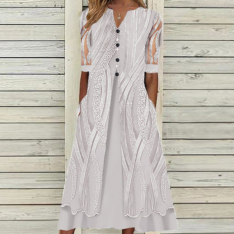 V-neck print medium sleeve temperament commuter high waist dress