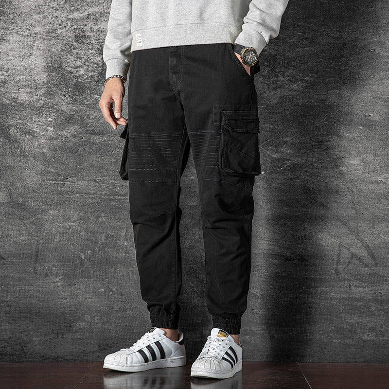 Men's washed solid color multi pocket sports and leisure cargo pants