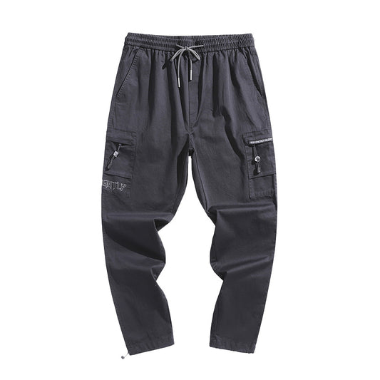 Pure cotton long pants, men's new Korean version, loose and thin casual Multi Pocket overalls