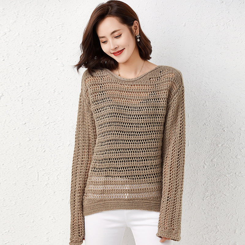 Leisure Round Neck Hollow Long Sleeve Pullover Shirt