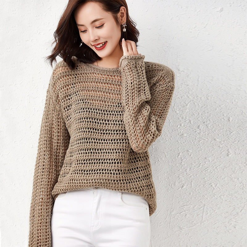 Leisure Round Neck Hollow Long Sleeve Pullover Shirt