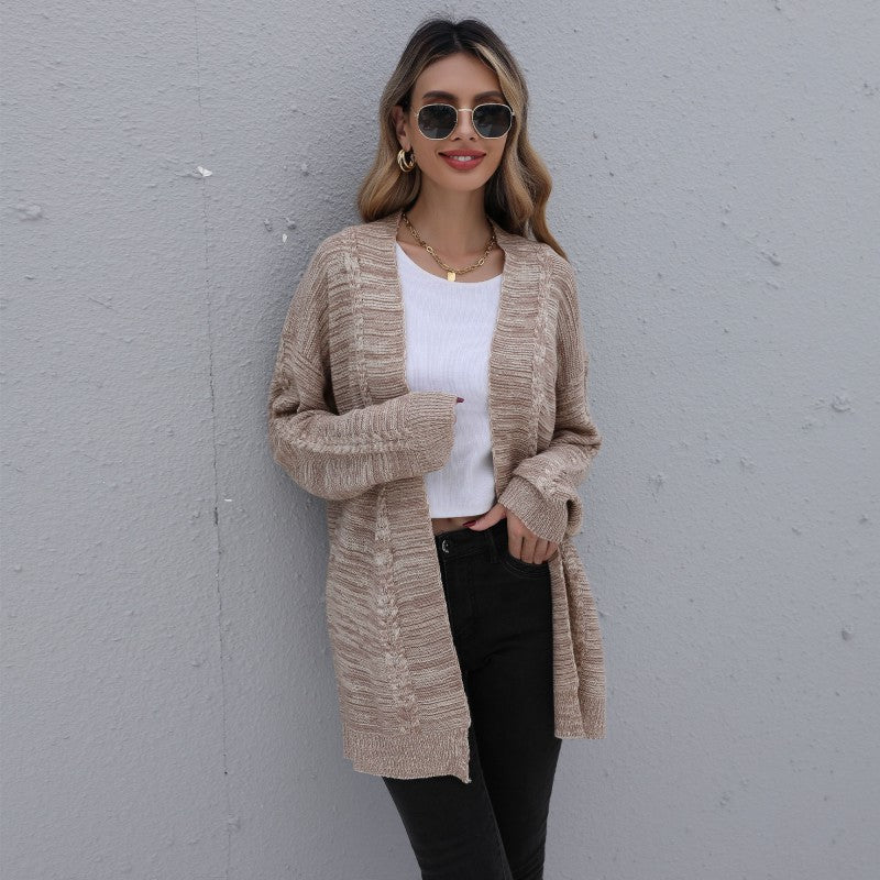 2021 autumn and winter new medium and long solid color twisted cardigan knitted sweater coat women