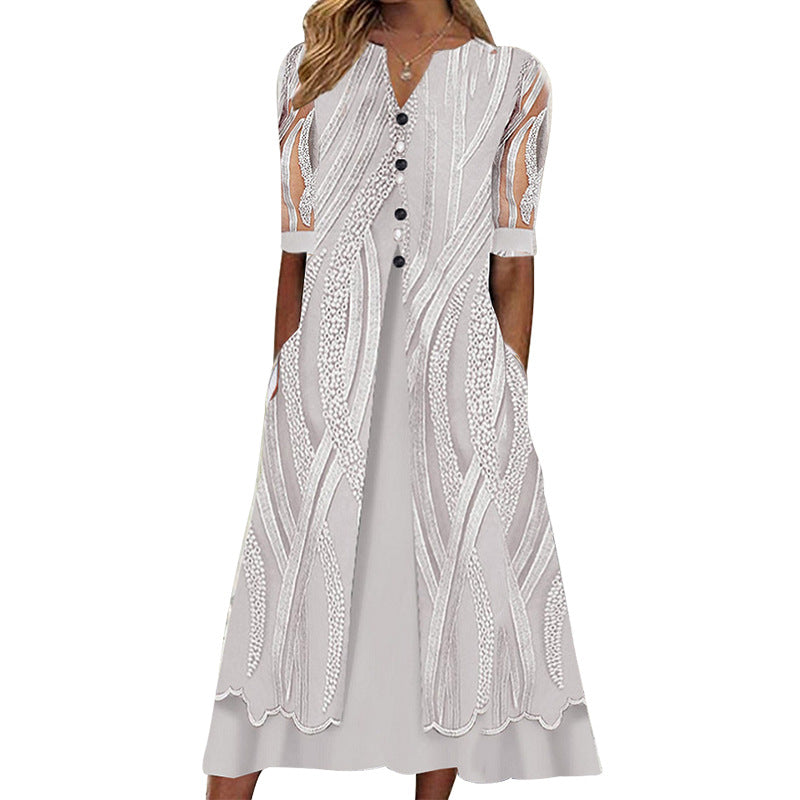 V-neck print medium sleeve temperament commuter high waist dress