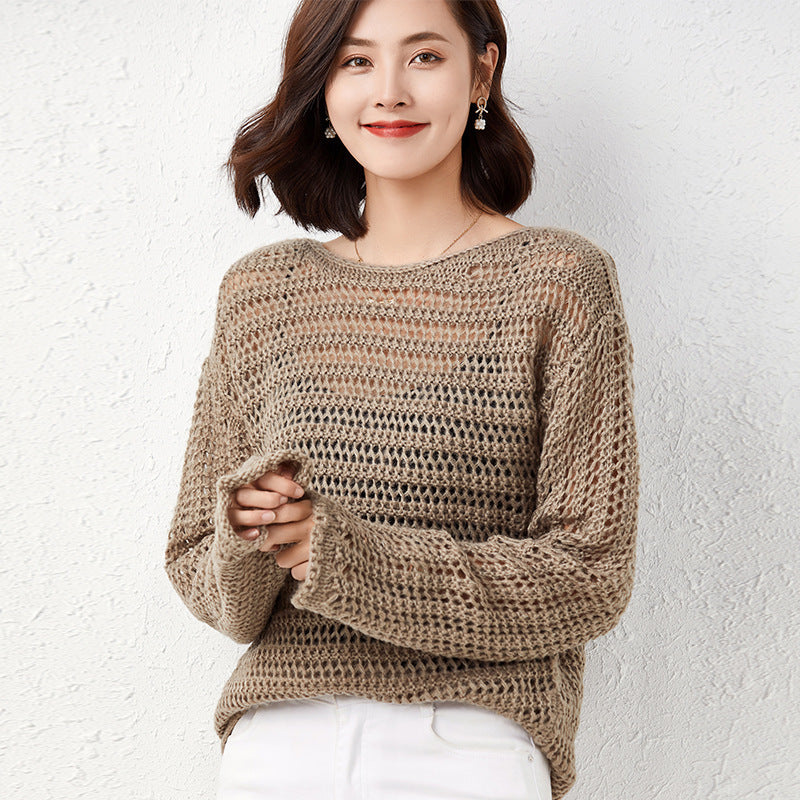 Leisure Round Neck Hollow Long Sleeve Pullover Shirt