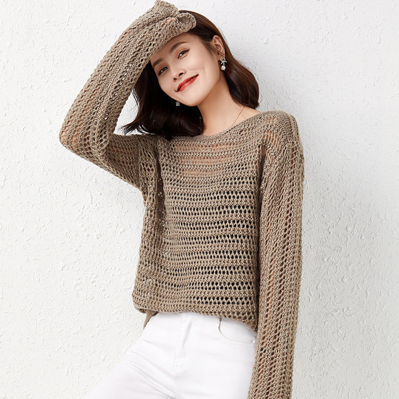 Leisure Round Neck Hollow Long Sleeve Pullover Shirt