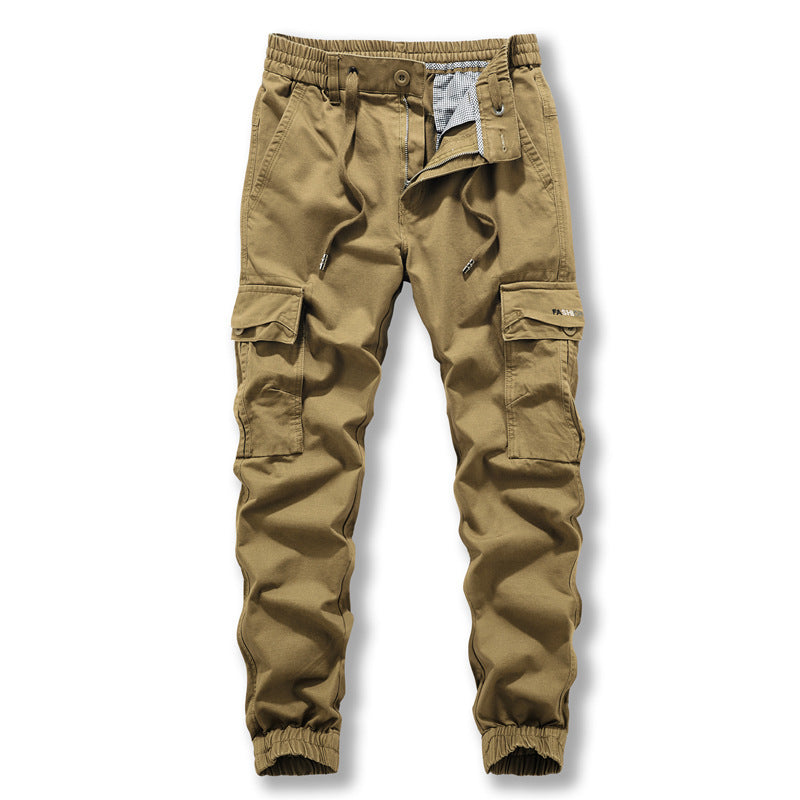 Casual pants: Men's new style overalls, trendy and versatile, washed pure cotton legged multi bag pants