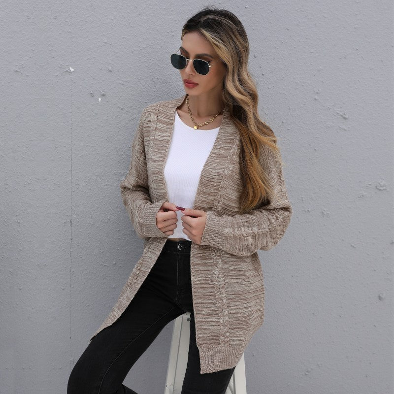 2021 autumn and winter new medium and long solid color twisted cardigan knitted sweater coat women