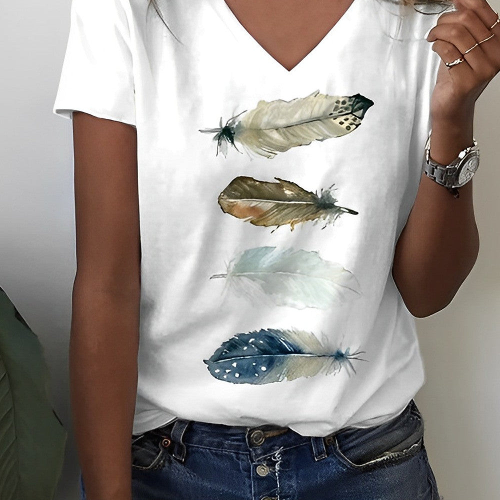 Women's T-shirt Feather Print Short Sleeve Casual