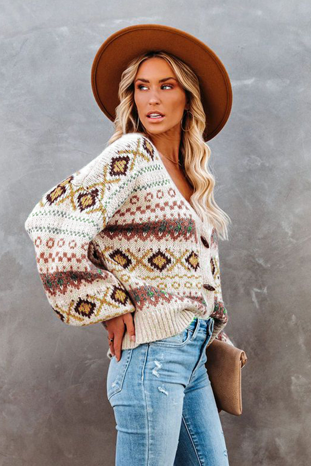 Multicolor Tribal Pattern V Neck Button Front Cardigan