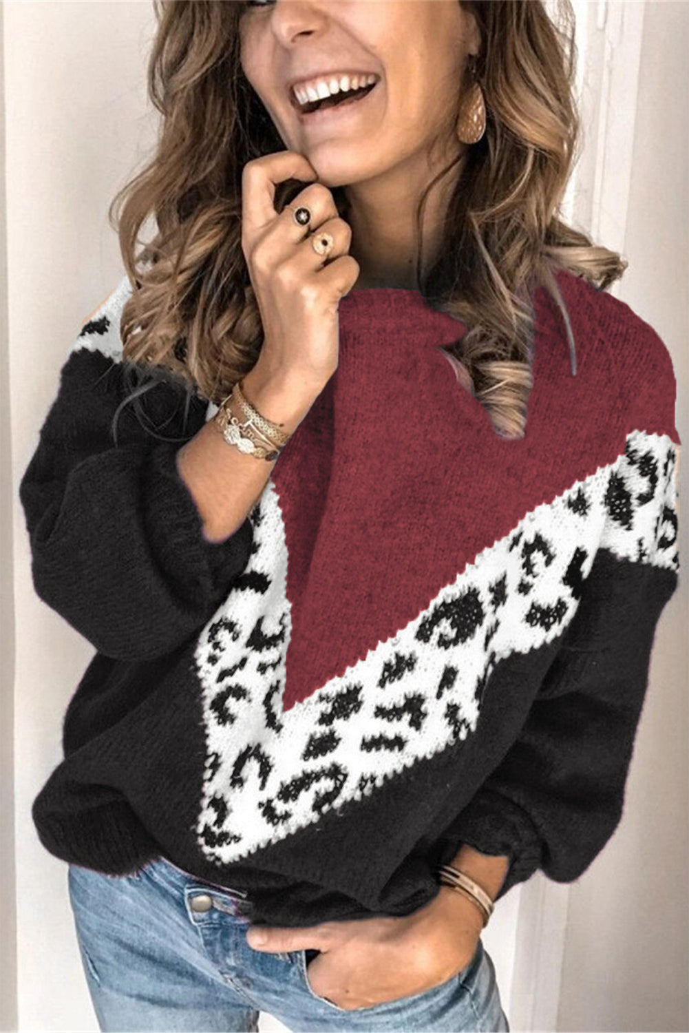 Colorblock Chevron Leopard Pullover Sweater